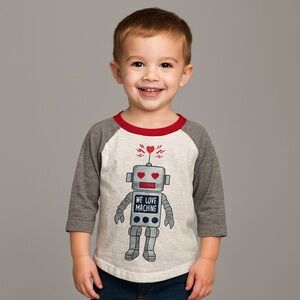 Toddler Boys 3T Graphic Tee Robot “Mr. Love Machine” Gray Red 3/4 Sleeve Shirt